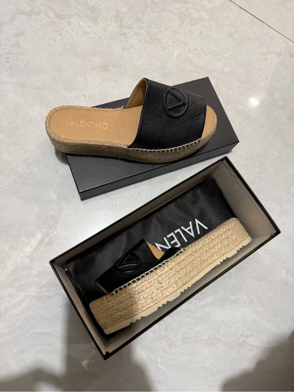 Valentino Black Leather Espadrille Slide Sandals
